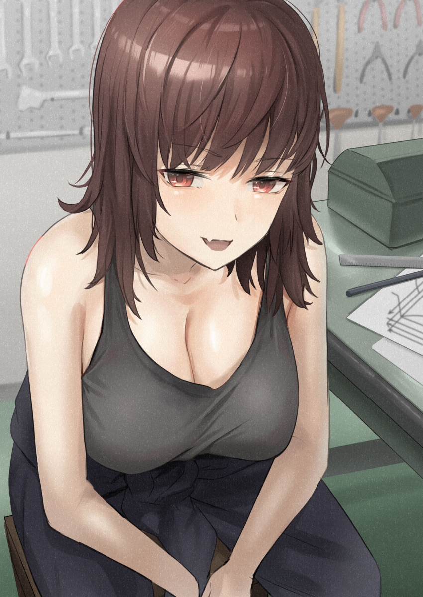 1girl, absurdres, bare_arms, blue_jacket, blue_pants, breasts, brown_hair, cleavage, clothes_around_waist, collarbone, cyclone_tarou, fang, grey_tank_top, highres, indoors, jacket, jacket_around_waist, large_breasts, looking_at_viewer, medium_hair, original, pants, pegboard, pliers, sitting, skin_fang, solo, tank_top, wrench