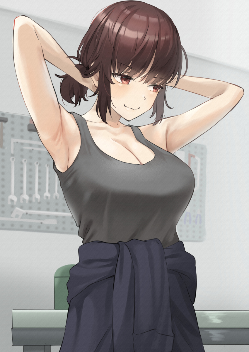1girl, absurdres, adjusting_hair, armpits, arms_behind_head, arms_up, bare_arms, blue_jacket, blush, breasts, brown_hair, cleavage, clothes_around_waist, collarbone, commentary_request, cyclone_tarou, grey_tank_top, hammer, highres, indoors, jacket, jacket_around_waist, large_breasts, looking_ahead, original, pegboard, ponytail, presenting_armpit, short_ponytail, sidelocks, solo, tank_top, tented_shirt, wrench