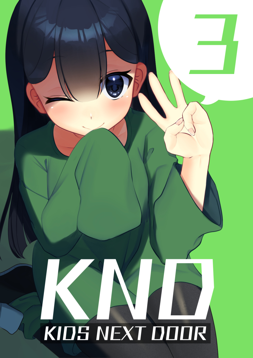 1girl, ;), asagi_shiki_(artist), black_eyes, black_hair, black_pants, character_name, codename:_kids_next_door, copyright_name, green_background, green_shirt, highres, long_hair, numbuh_3, one_eye_closed, pants, shirt, sleeves_past_fingers, sleeves_past_wrists, smile, solo, spoken_number