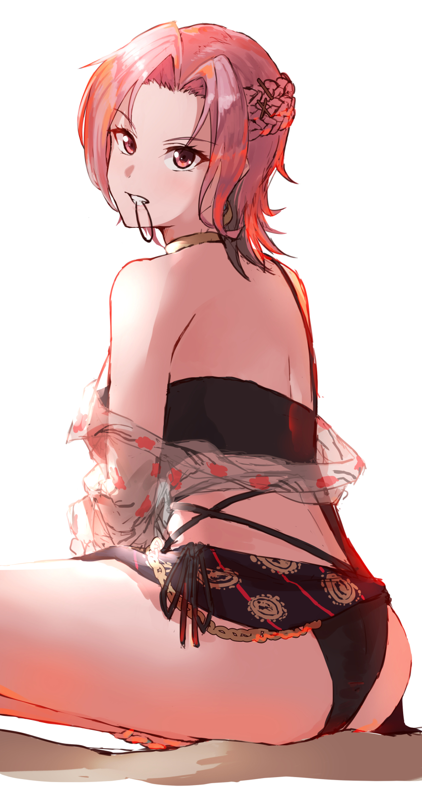 1girl, absurdres, anzo_(anzu_elichi0928), ass, back, bare_shoulders, bikini, black_bikini, braid, chain, choker, clenched_teeth, clothes_pull, d4dj, from_behind, hair_intakes, hair_tie_in_mouth, half_up_braid, hand_on_own_ankle, highres, looking_at_viewer, looking_back, mouth_hold, pink_eyes, pink_hair, see-through_clothes, see-through_shirt, shirt, shirt_pull, short_hair, side-tie_bikini_bottom, sitting, swimsuit, teeth, weronika_(d4dj), white_background