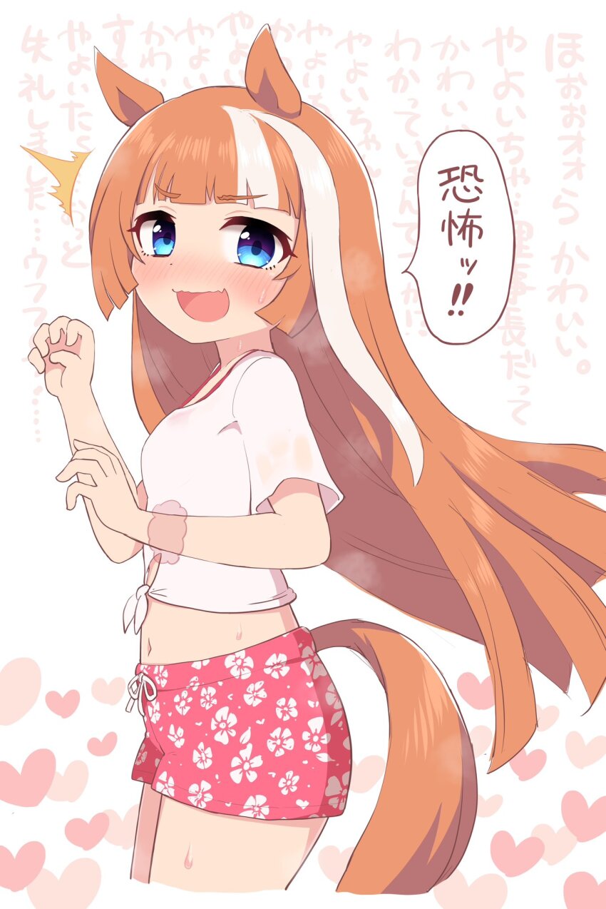 1girl, akikawa_yayoi_(umamusume), alternate_costume, animal_ears, belly, blush, breasts, brown_hair, commentary_request, cowboy_shot, floral_print, gaze_on_me!_outfit_(umamusume), highres, horse_ears, horse_girl, horse_tail, long_hair, midriff, navel, notice_lines, open_mouth, pink_shorts, shirt, short_sleeves, shorts, simoyuki, small_breasts, solo, speech_bubble, sweat, tail, tied_shirt, translation_request, umamusume, very_long_hair, white_shirt