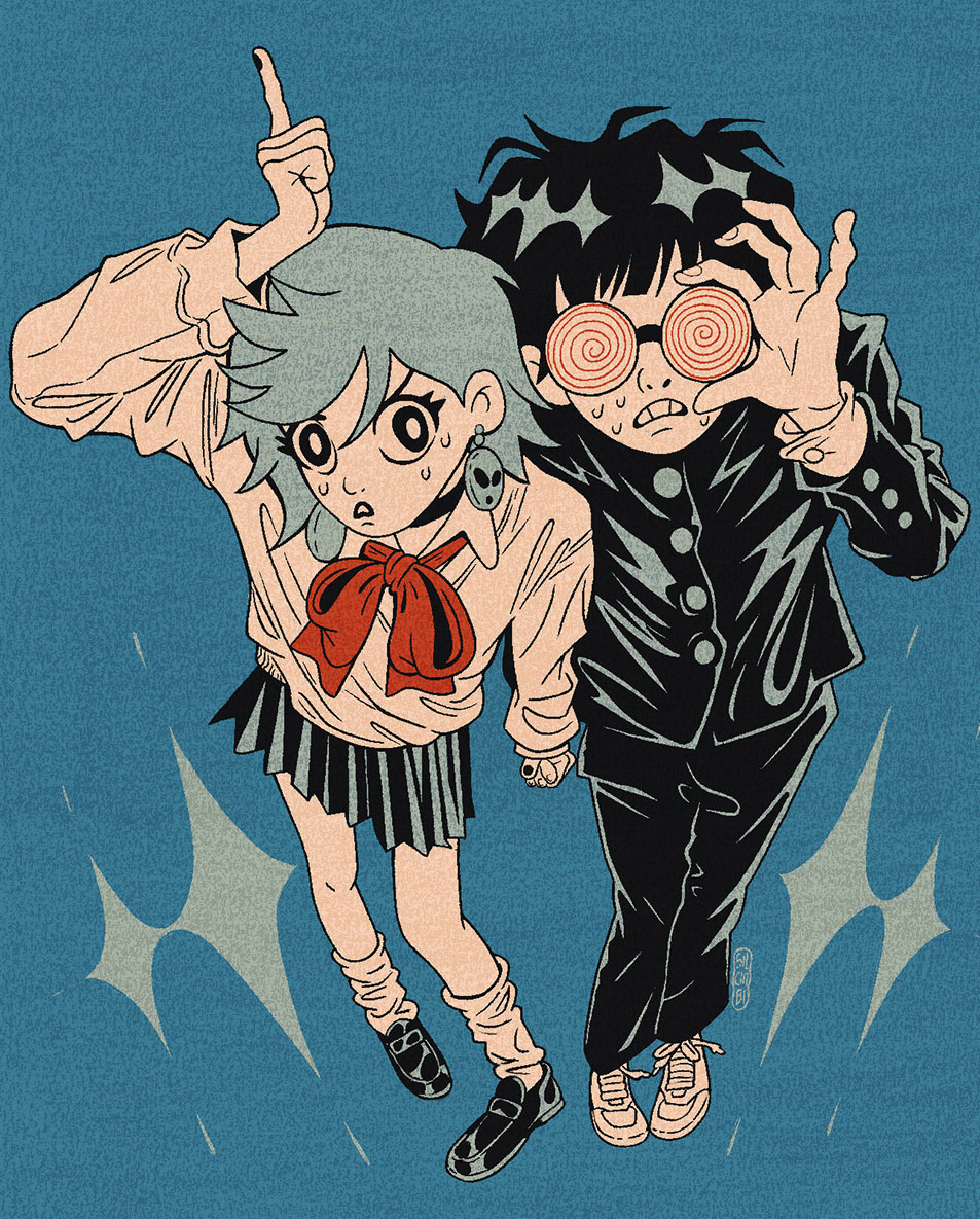 1boy, 1girl, adjusting_eyewear, arm_up, ayase_momo, black_jacket, black_nails, black_pants, black_skirt, blue_background, bow, bowtie, buttons, coke-bottle_glasses, d:, dandadan, earrings, from_above, gakuran, glasses, hand_up, holding_hands, jacket, jewelry, loafers, looking_at_viewer, open_mouth, pants, pleated_skirt, pointing, pointing_up, red_bow, red_bowtie, school_uniform, shoes, short_hair, silchibi, skirt, sneakers, socks, spanish_commentary, standing, sweat, sweater, takakura_ken_(dandadan), very_short_hair