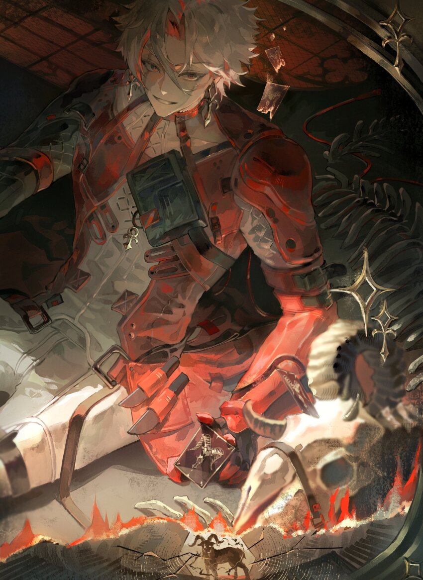 1boy, absurdres, animal_skeleton, animal_skull, black_eyes, burn_scar, card, coat