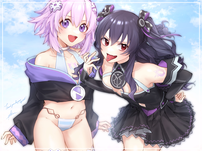 2girls, absurdres, after0217, alternate_costume, bare_shoulders, bikini, black_dress, black_hair, blush, breasts, cleavage, clothing_cutout, commentary, commission, d-pad, d-pad_hair_ornament, dress, elbow_gloves, eyelashes, fang, gloves, hair_between_eyes, hair_ornament, hair_ribbon, hand_on_own_hip, highres, long_hair, looking_at_viewer, midriff, multiple_girls, naughty_face, navel, navel_cutout, neptune_(neptunia), neptune_(series), open_mouth, piercing, pixiv_commission, purple_eyes, purple_hair, red_eyes, ribbon, short_hair, signature, skin_fang, small_breasts, smile, striped_clothes, swimsuit, tongue_piercing, uni_(neptunia)