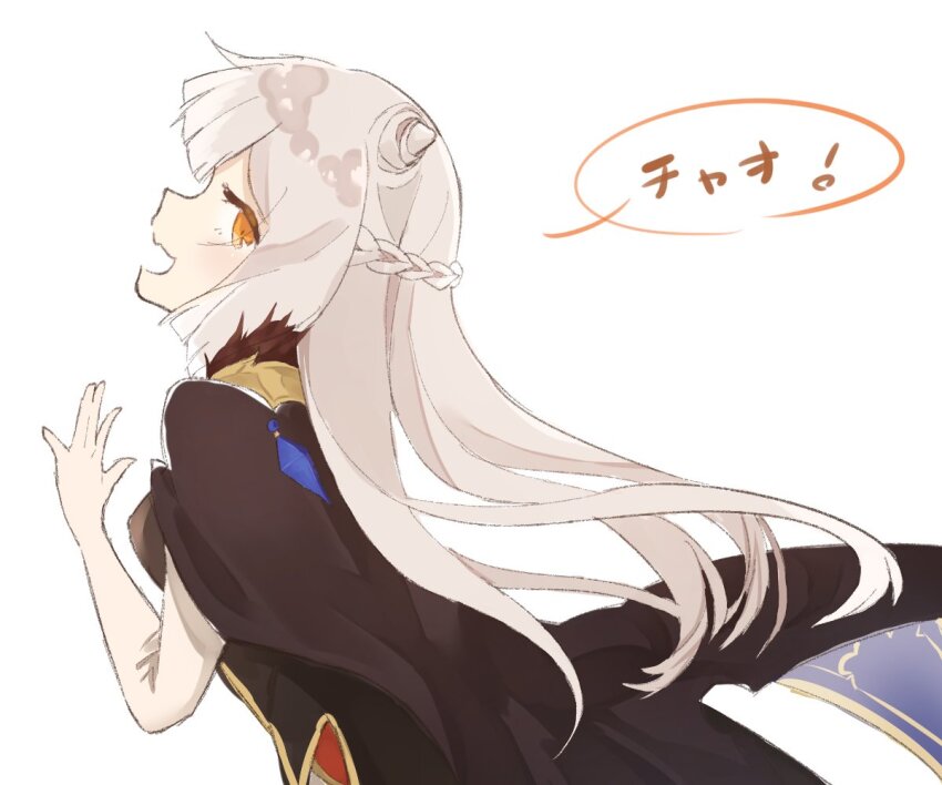 1girl, black_cape, cape, chaos_puss_in_boots_(grimms_notes), grimms_notes, mori_b_mori, solo, white_hair