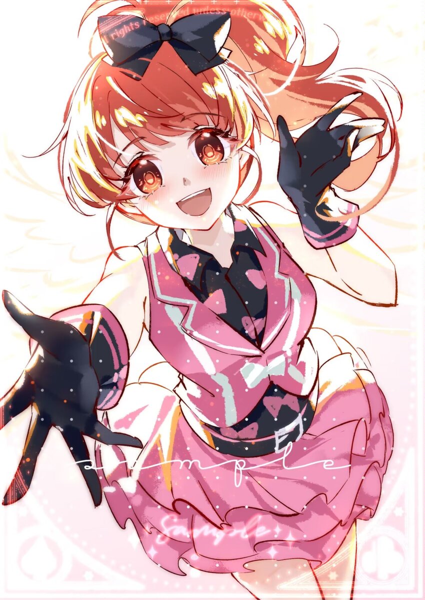 :d, ayako_(xiaqiu), bare_arms, bare_shoulders, belt, black_bow, black_gloves, black_shirt