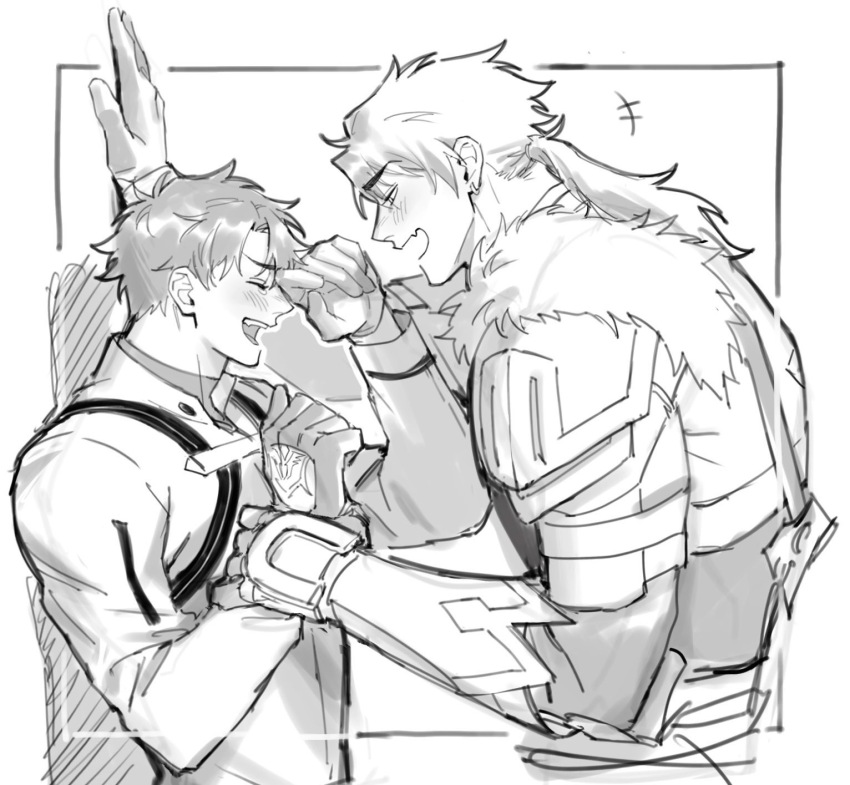 2boys, against_wall, armor, blush, cu_chulainn_(fate), cu_chulainn_(fate/prototype), fate/grand_order, fate_(series)