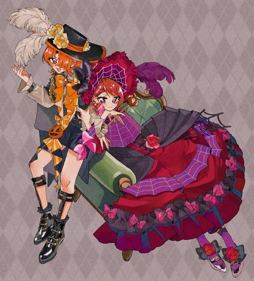 0samuse, 1boy, 1girl, alternate_hairstyle, asymmetrical_bangs, black_cape, black_footwear, black_hat, black_shorts, bonnet, bow, bowtie, brown_hair, cape, closed_mouth, commentary, dress, frilled_sleeves, frills, grey_shirt, hair_over_one_eye, hair_up, halloween_costume, hat, hat_feather, hetero, high_heels, highres, hijiri_ageha, hirogaru_sky!_precure, holding_another's_arm, jack-o'-lantern_ornament, layered_dress, leaning_on_person, long_dress, long_sleeves, looking_at_viewer, official_alternate_costume, open_mouth, orange_bow, orange_bowtie, orange_hair, precure, purple_eyes, purple_socks, red_dress, red_eyes, red_hat, scroll, shirt, shoes, short_hair, shorts, smile, socks, standing, yuunagi_tsubasa