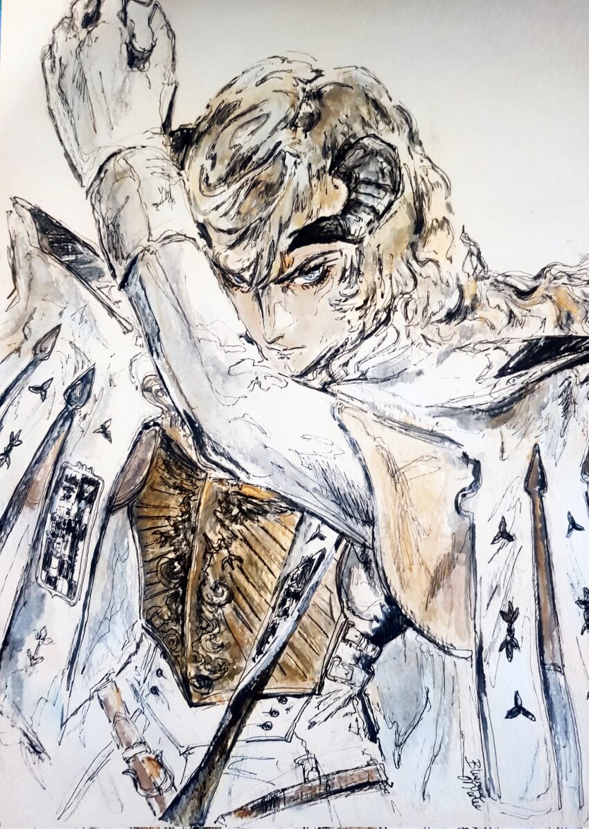 1boy, arm_up, armor, blonde_hair, blue_eyes, blueroguemarl, breastplate, cape, closed_mouth, commentary, cowboy_shot, gloves, gold_armor, hair_between_eyes, hashtag-only_commentary, highres, horns, long_hair, louis_(metaphor:_refantazio), male_focus, metaphor:_refantazio, simple_background, solo, white_background, white_cape, white_gloves