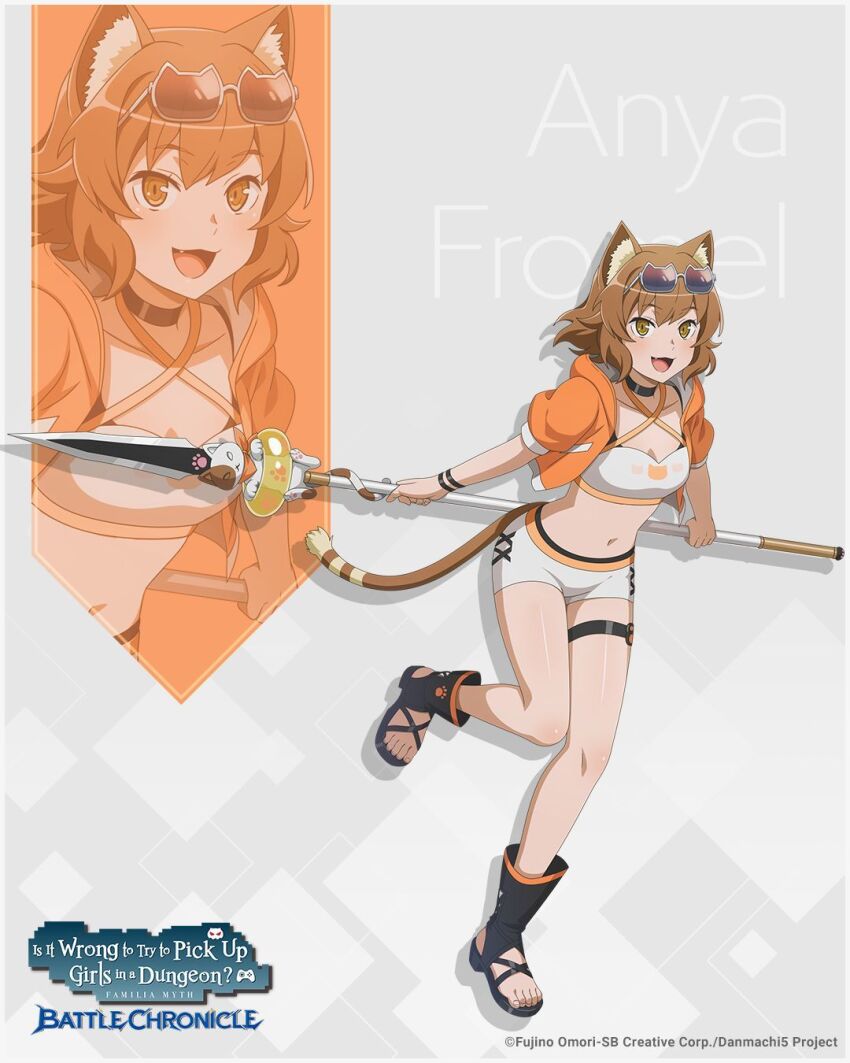 1girl, animal_ears, anya_fromel, bikini, black_choker, boots, cat_ears, cat_girl, cat_tail, choker, commentary, danmachi_battle_chronicle, dungeon_ni_deai_wo_motomeru_no_wa_machigatteiru_darou_ka, english_commentary, english_text, eyewear_on_head, highres, holding, holding_polearm, holding_weapon, jacket, light_brown_hair, nishi_asuka, official_alternate_costume, official_art, open-toe_boots, open_clothes, open_jacket, open_mouth, orange_jacket, polearm, sandals, short_hair, smile, sunglasses, swimsuit, tail, toeless_footwear, voice_actor_connection, weapon, white_bikini, yellow_eyes