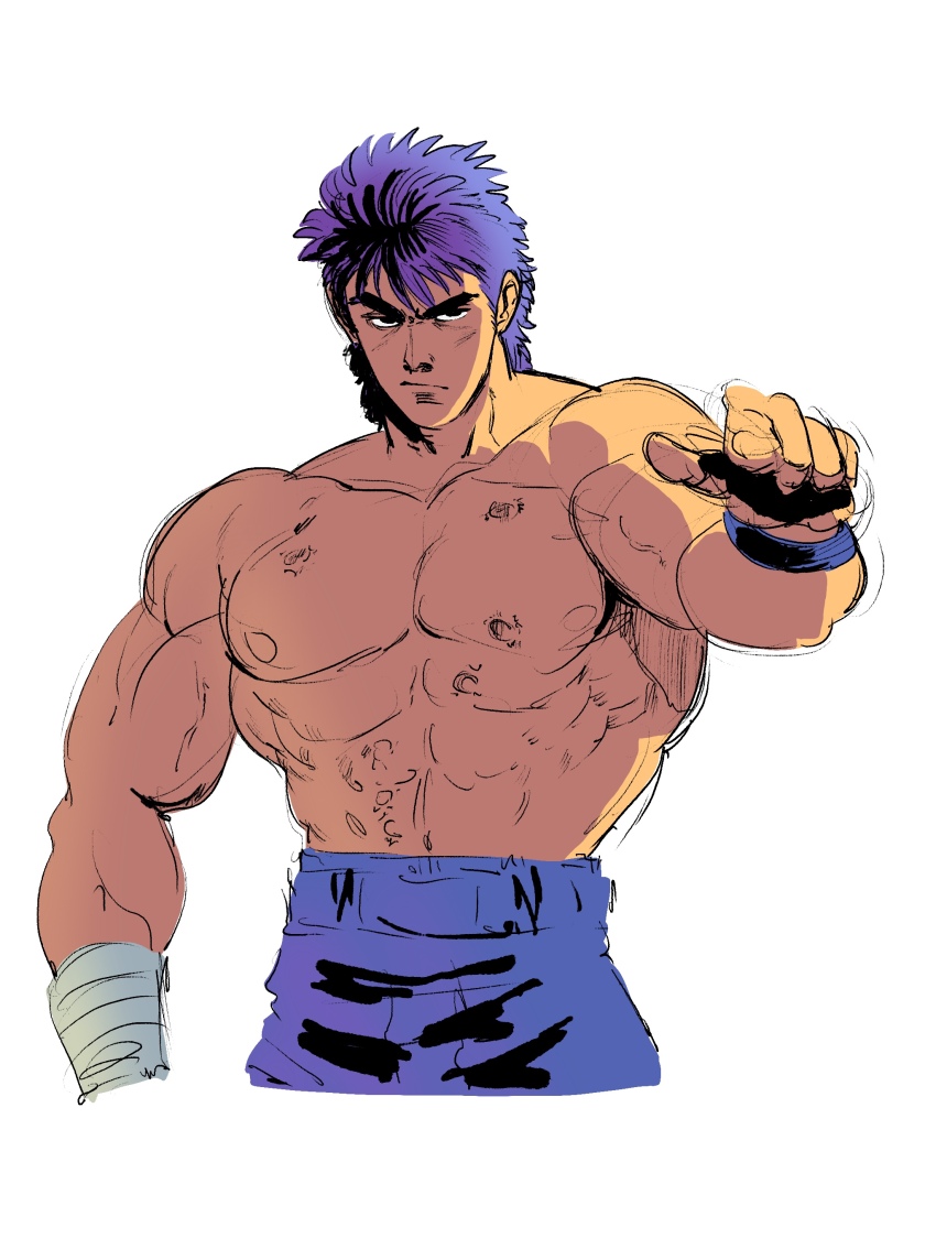 abs, absurdres, bare_pectorals, biceps, big_dipper, blue_hair, blue_pants, groovy_(docilebread)
