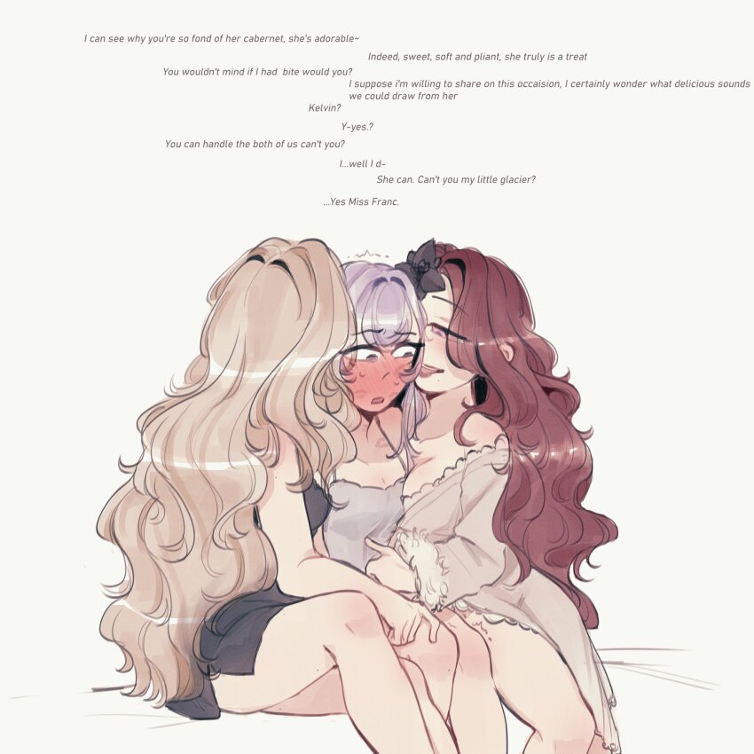 3girls, black_camisole, blonde_hair, blush, breast_press, breasts, cabernet_(path_to_nowhere), camisole, chameleon_(path_to_nowhere), cleavage, commentary, english_commentary, english_text, girl_sandwich, grey_camisole, group_sex, hand_on_another's_stomach, hand_on_another's_thigh, highres, kelvin_(path_to_nowhere), korichi_celeste, large_breasts, lingerie, lipstick_mark, lipstick_mark_on_face, lipstick_mark_on_neck, long_hair, looking_at_another, medium_breasts, multiple_girls, off_shoulder, open_mouth, path_to_nowhere, pink_eyes, polygamy, purple_hair, red_hair, sandwiched, simple_background, smile, sweatdrop, threesome, trembling, typo, underwear, white_background, yuri
