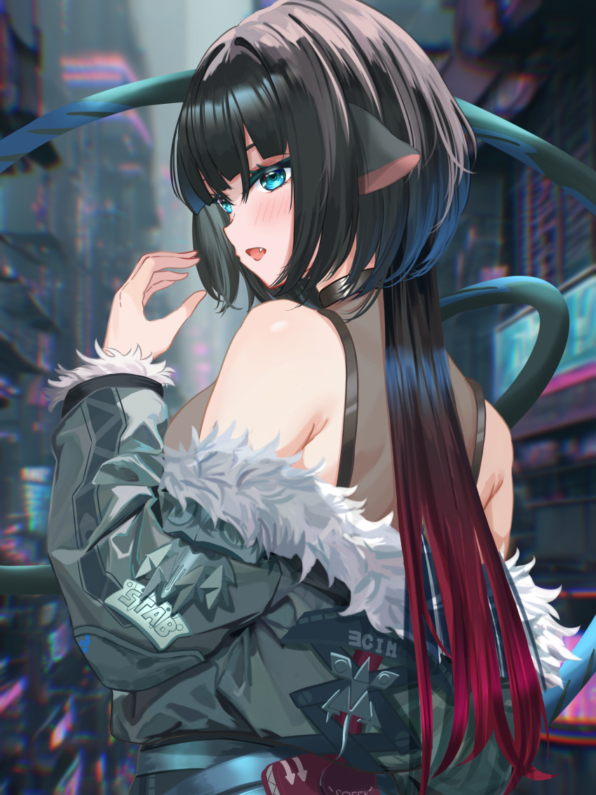 1girl, 428_(user_uzpe7478), absurdres, armpit_crease, bare_shoulders, black_hair, black_jacket, blush