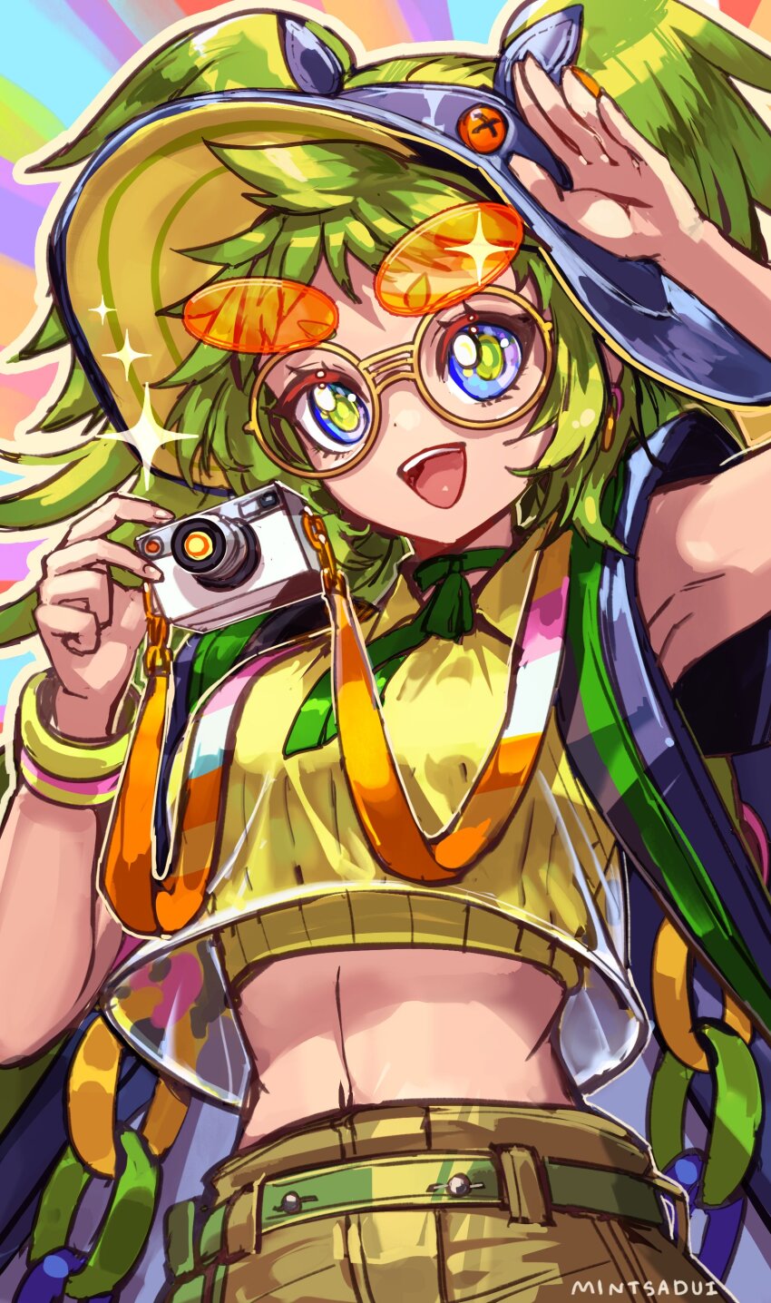 1girl, :d, absurdres, arm_up, artist_name, bag, belt, blue_bag, blue_eyes, bracelet, breasts, camera, choker, commentary, crop_top, dislyte, earrings, eyewear_on_head, fumitsuki_(kaguya-hime)_(dislyte), green_belt, green_choker, green_hair, green_pupils, green_ribbon, hashtag-only_commentary, hat, highres, holding, holding_camera, jewelry, medium_breasts, midriff, multicolored_background, multiple_bracelets, open_mouth, orange-tinted_eyewear, pants, ribbon, ribbon_choker, round_eyewear, sa-dui, see-through_clothes, see-through_shirt, shirt, short_twintails, smile, solo, tinted_eyewear, twintails, untranslatable_commentary, upper_body, yellow-framed_eyewear, yellow_pants, yellow_shirt