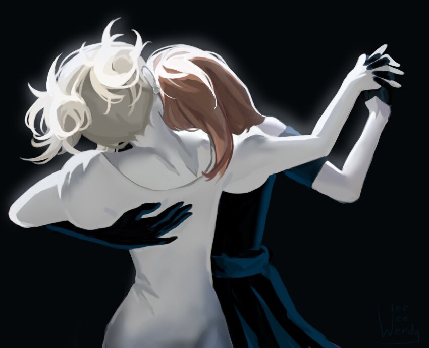 2girls, alien_stage, artist_name, black_background, black_dress, black_gloves, blonde_hair, boku_no_hero_academia, brown_hair, commentary, cosplay, dancing, derivative_work, double_bun, dress, earrings, elbow_gloves, english_commentary, gloves, hair_bun, half_gloves, hand_on_another's_back, highres, holding_hands, interlocked_fingers, jewelry, juliet_sleeves, long_hair, long_sleeves, messy_hair, mizi_(alien_stage), mizi_(alien_stage)_(cosplay), multiple_girls, off-shoulder_dress, off_shoulder, pearl_earrings, puffy_sleeves, short_sleeves, signature, simple_background, single_elbow_glove, single_half_glove, sua_(alien_stage), sua_(alien_stage)_(cosplay), toga_himiko, uraraka_ochako, weewee_wendy, white_dress, white_gloves, yuri