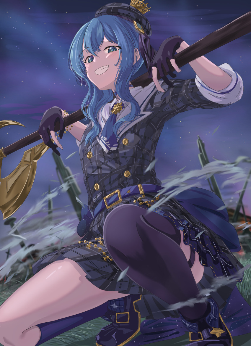 1girl, absurdres, ankle_boots, ascot, asuka_panda777, asymmetrical_legwear, axe, battle_axe, belt, beret, black_gloves, black_thighhighs, blue_ascot, blue_belt, blue_choker, blue_eyes, blue_hair, blush, boots, choker, commentary_request, crown, dress, gloves, grass, grey_hat, hair_between_eyes, hat, high_heel_boots, high_heels, highres, holding, holding_polearm, holding_weapon, hololive, hoshimachi_suisei, hoshimachi_suisei_(1st_costume), jacket, jewelry, kneehighs, looking_at_viewer, mini_crown, multiple_weapons, nebula, night, open_mouth, outdoors, over_shoulder, partial_commentary, partially_fingerless_gloves, plaid_clothes, plaid_dress, plaid_hat, plaid_jacket, polearm, ribbon, single_thighhigh, sky, smile, smirk, smoke, smoke_trail, smug, socks, solo, spread_legs, squatting, star_(sky), star_(symbol), star_choker, star_in_eye, starry_sky, symbol_in_eye, thigh_strap, thighhighs, thighs, uneven_legwear, virtual_youtuber, weapon, weapon_across_shoulders, weapon_over_shoulder