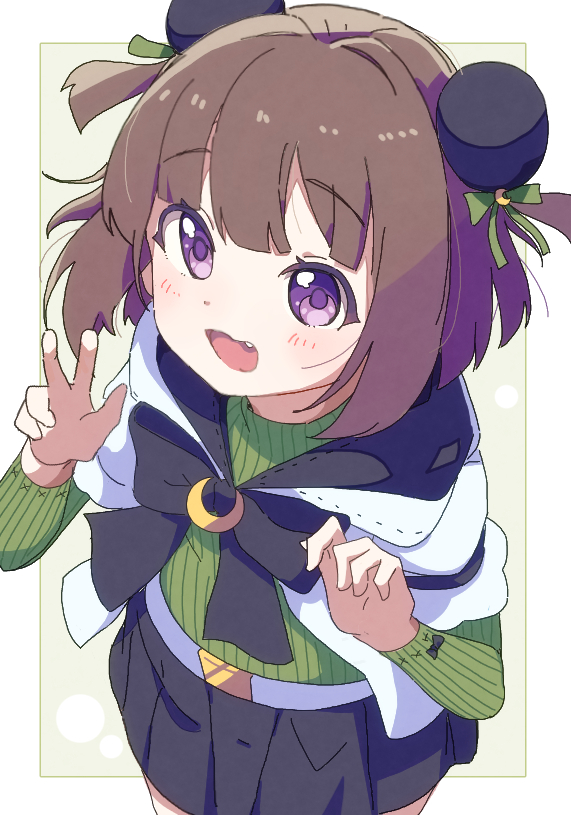 1girl, black_bow, black_skirt, border, bow, brown_hair, bun_cover, commentary