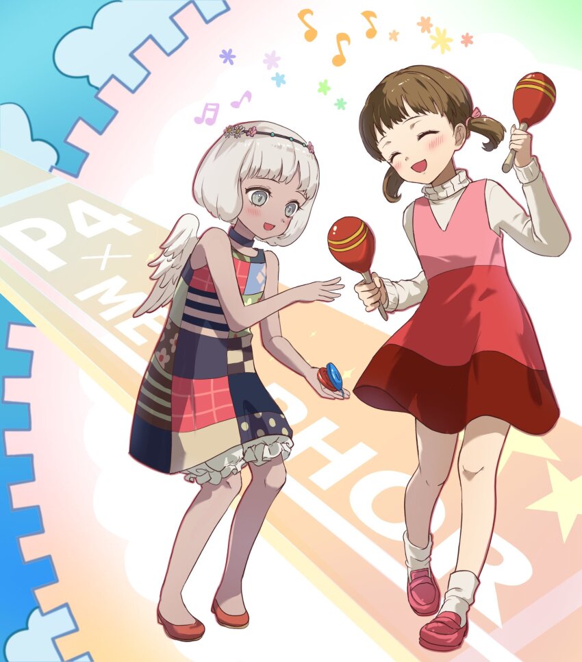 2girls, black_choker, blush, choker, closed_eyes, commentary_request, copyright_name, crossover, dark-skinned_female, dark_skin, doujima_nanako, dress, feathered_wings, grey_hair, hair_ribbon, highres, holding, holding_instrument, instrument, long_sleeves, maracas, maria_(metaphor:_refantazio), metaphor:_refantazio, multiple_girls, musical_note, open_mouth, patchwork_clothes, persona, persona_4, pink_ribbon, pook_oshama, red_footwear, ribbon, shoes, short_hair, short_twintails, sleeveless, sleeveless_dress, socks, standing, sweater, turtleneck, twintails, white_socks, white_sweater, white_wings, wings
