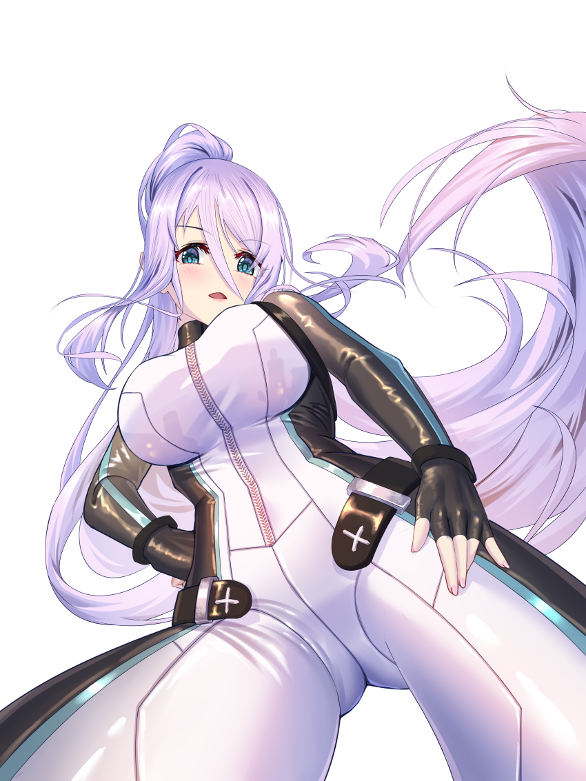 1girl, absurdres, alternate_costume, black_bodysuit, blue_eyes, bodysuit, breasts, commentary, from_below, full-length_zipper, hand_on_own_hip, high_ponytail, highres, large_breasts, long_hair, looking_down, mariniy, multicolored_bodysuit, open_mouth, ponytail, princess_connect!, purple_hair, shizuru_(princess_connect!), simple_background, solo, white_background, white_bodysuit, zipper