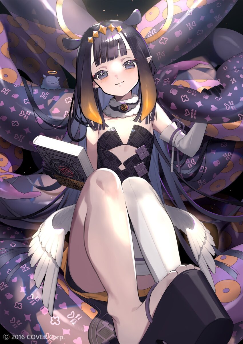 1girl, ao-chan_(ninomae_ina'nis), black_collar, black_dress, black_gloves, blunt_bangs, book, center-flap_bangs