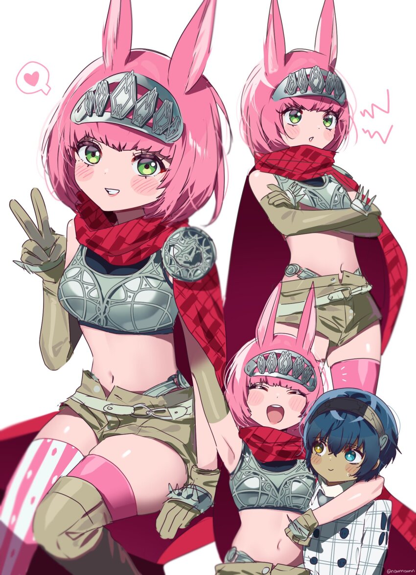 1boy, 1girl, animal_ears, arm_around_shoulder, armor, blue_hair, blunt_bangs, blush