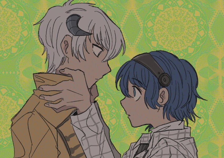 2boys, arms_up, blue_eyes, blue_hair, coat, collared_coat, commentary_request, dark_blue_hair