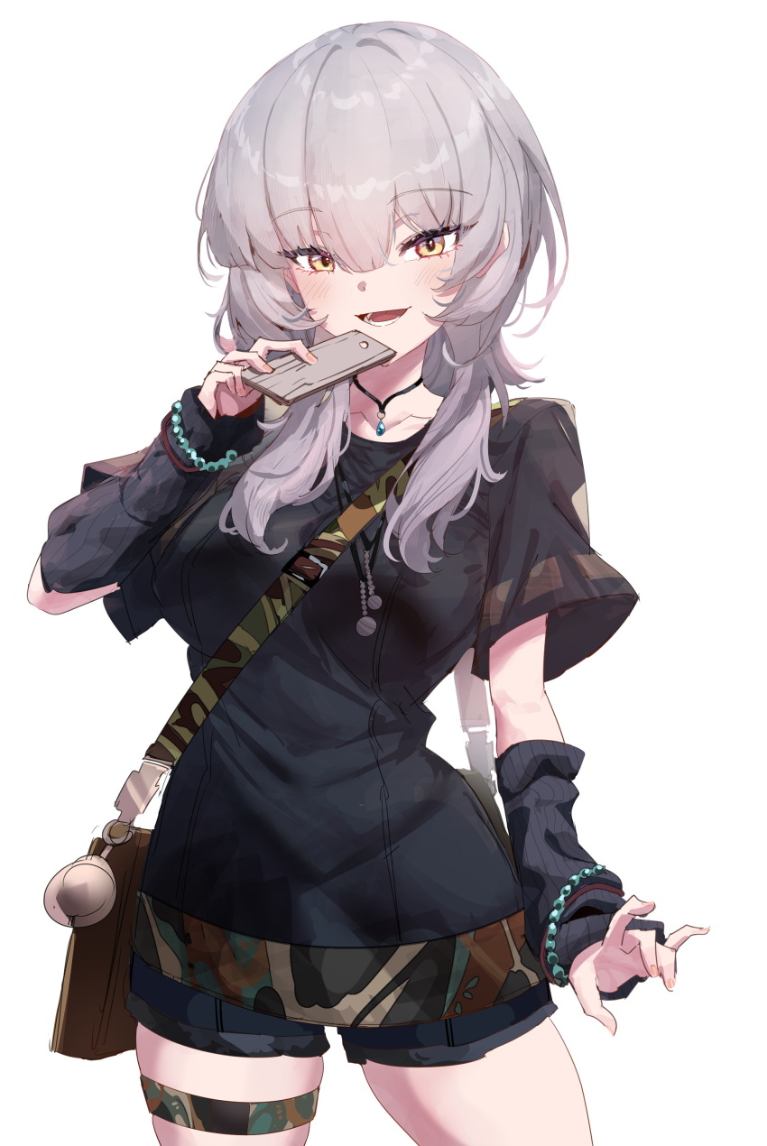 absurdres, black_shirt, breasts, cellphone, character_request, collarbone, detached_sleeves, grey_hair