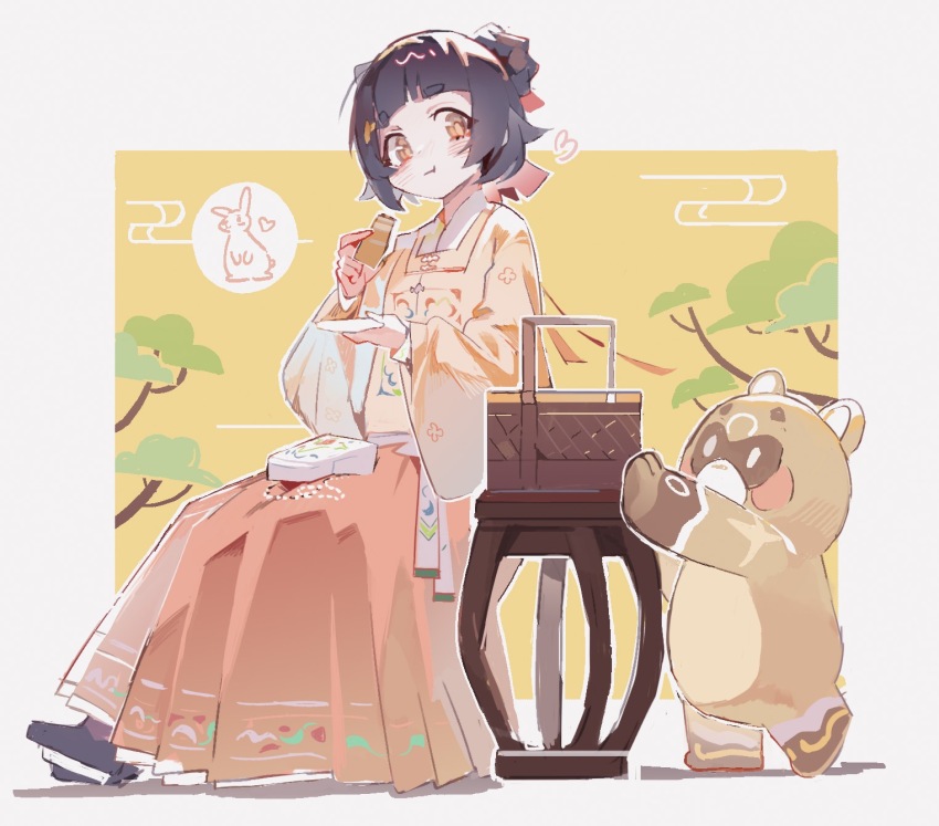 1girl, animal, aoqun, architecture, banfenxuhuan899, basket, black_hair, bob_cut