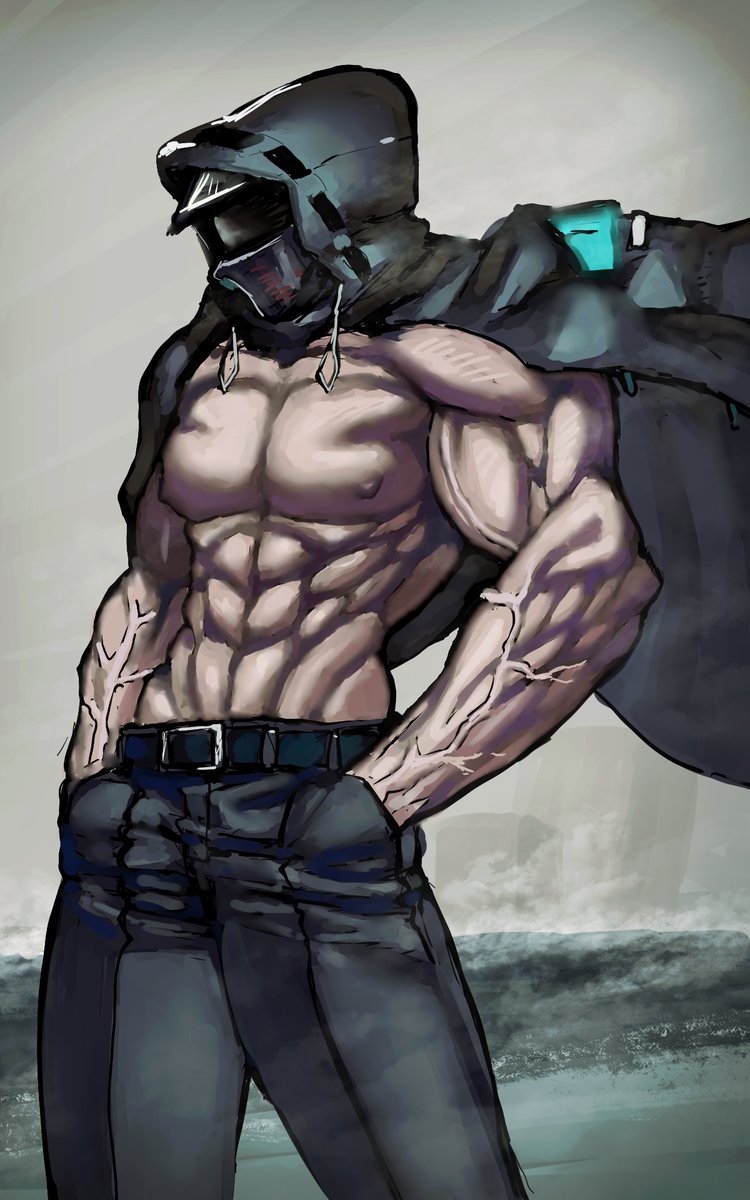 1boy, abs, alternate_muscle_size, arknights, belt, commentary_request, cowboy_shot, doctor_(arknights)