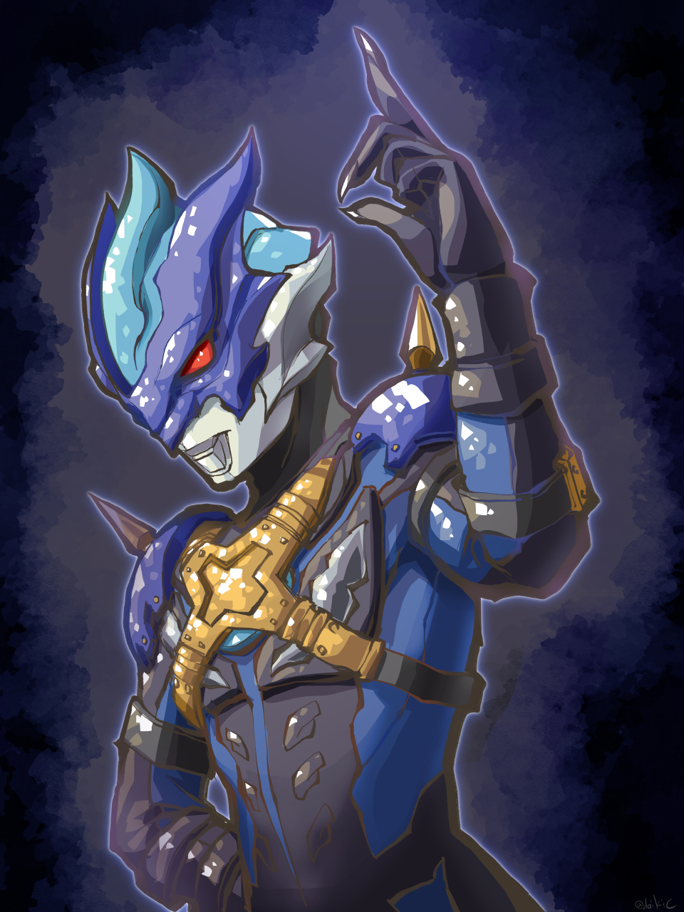 1boy, alien, arm_strap, armor, black_gloves, black_skin, blue_armor, blue_mask