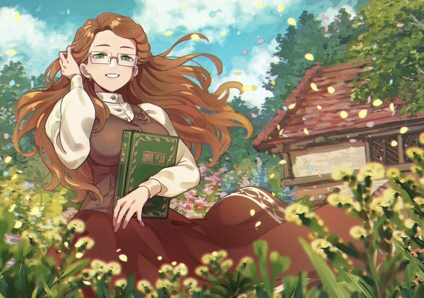 1girl, book, breasts, brown_hair, brown_skirt, brown_vest, buttons, cloud, commission, earrings, glasses, green_eyes, grin, highres, holding, holding_book, house, indie_virtual_youtuber, jewelry, long_hair, long_sleeves, mariel_(vtuber), okuyama, pocket, rectangular_eyewear, rimless_eyewear, second-party_source, shirt, skeb_commission, skirt, sky, smile, solo, tree, vest, virtual_youtuber, white_shirt