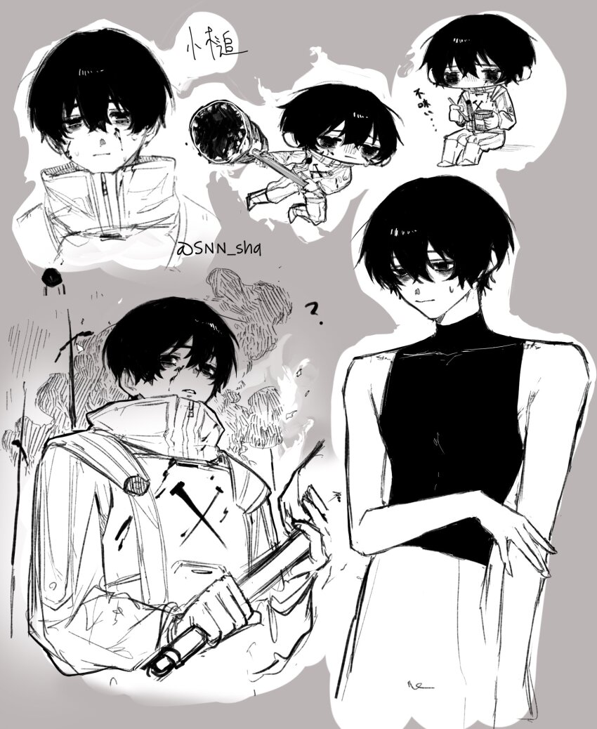 1boy, armor, blood, blood_on_clothes, blood_on_face, bloody_weapon, cowboy_shot, greyscale