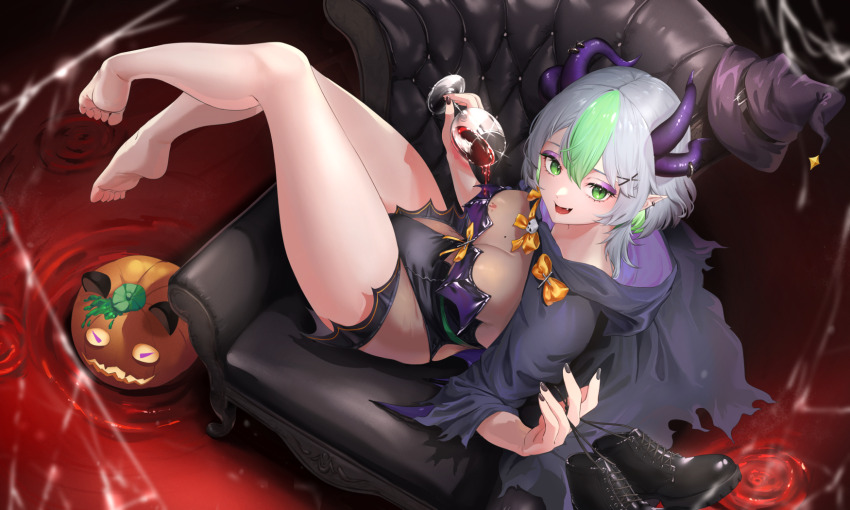 1girl, apricot_the_lich, apricot_the_lich_(valentine's_froot), barefoot, black_cape, black_leotard, black_nails, breasts