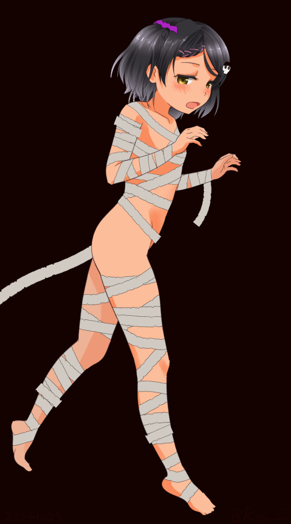 1girl, bandages, barefoot, black_background, black_hair, brown_eyes, flat_chest, gradient_background