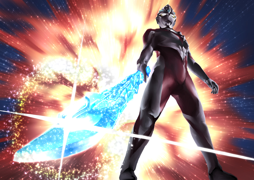 1boy, absurdres, alien, arc_eye_sword, blue_gem, colored_skin, commentary_request, dark_background, explosion, explosion_background, forehead_jewel, gem, glowing, glowing_sword, glowing_weapon, highres, holding, holding_sword, holding_weapon, light_particles, looking_ahead, male_focus, multicolored_skin, muscular, muscular_male, no_pupils, red_skin, silver_skin, solo, sparkle, sword, tihiro, tokusatsu, ultra_series, ultraman_arc, ultraman_arc_(series), weapon, yellow_eyes