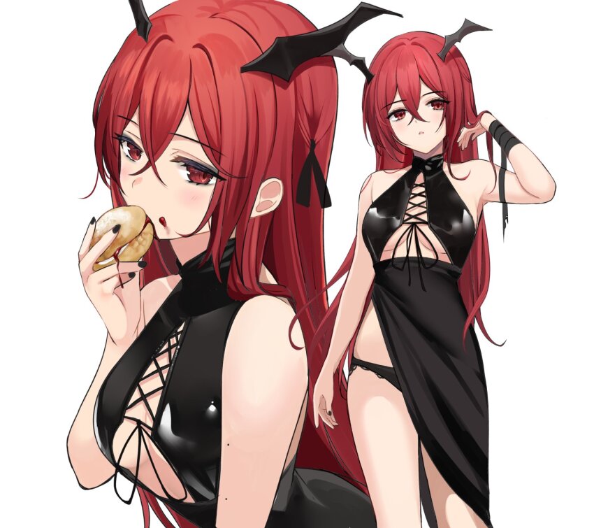 1girl, bandaged_wrist, bandages, black_dress, black_nails, black_panties, breasts, cream_puff