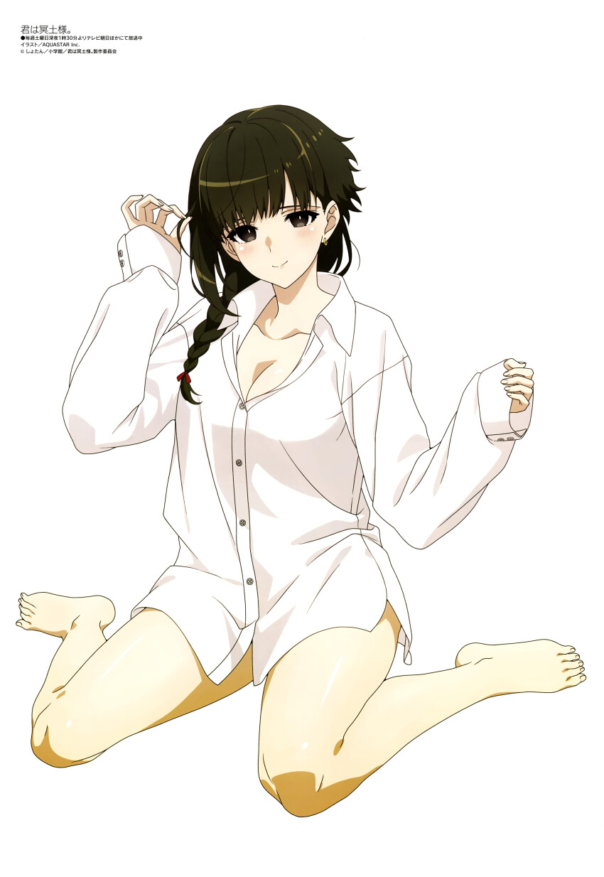 1girl, absurdres, braid, breasts, cleavage, closed_mouth, collared_shirt, dress_shirt, earrings, full_body, green_hair, highres, jewelry, kimi_wa_meido-sama, long_sleeves, looking_at_viewer, magazine_scan, medium_breasts, medium_hair, megami_magazine, naked_shirt, official_art, open_clothes, open_shirt, scan, shirt, side_braid, simple_background, single_braid, sitting, sleeves_past_wrists, smile, thighs, wariza, white_background, yuki_(kimi_wa_meido-sama)