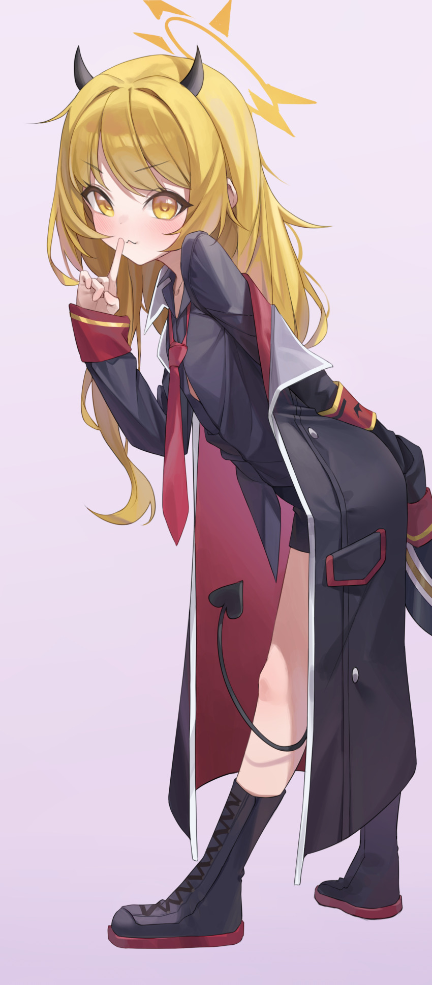 1girl, absurdres, alternate_costume, black_coat, black_footwear, black_shirt, black_tail, blonde_hair, blue_archive, blush, coat, commentary_request, cosplay, demon_horns, demon_tail, finger_to_mouth, hair_down, halo, highres, horns, ibuki_(blue_archive), iroha_(blue_archive), iroha_(blue_archive)_(cosplay), korean_commentary, long_hair, necktie, open_clothes, open_coat, red_necktie, shirt, simple_background, solo, tail, um_111, yellow_eyes, yellow_halo