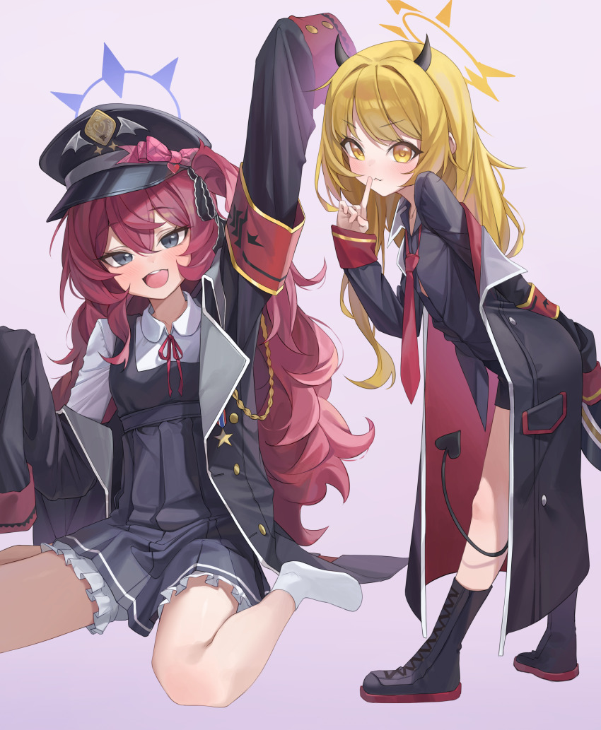 2girls, absurdres, alternate_costume, armband, black_coat, black_dress, black_footwear, black_hat, black_ribbon, black_shirt, black_tail, blonde_hair, blue_archive, blue_eyes, blue_halo, blush, bow, coat, commentary_request, cosplay, costume_switch, demon_horns, demon_tail, dress, finger_to_mouth, hair_down, hair_ribbon, halo, hat, highres, horns, ibuki_(blue_archive), ibuki_(blue_archive)_(cosplay), iroha_(blue_archive), iroha_(blue_archive)_(cosplay), korean_commentary, loli, long_hair, multiple_girls, necktie, open_clothes, open_coat, open_mouth, personality_switch, pinafore_dress, pink_bow, red_armband, red_hair, red_necktie, ribbon, shirt, simple_background, sitting, sleeveless, sleeveless_dress, smile, socks, tail, teeth, um_111, upper_teeth_only, wariza, wavy_hair, white_footwear, white_socks, yellow_eyes, yellow_halo