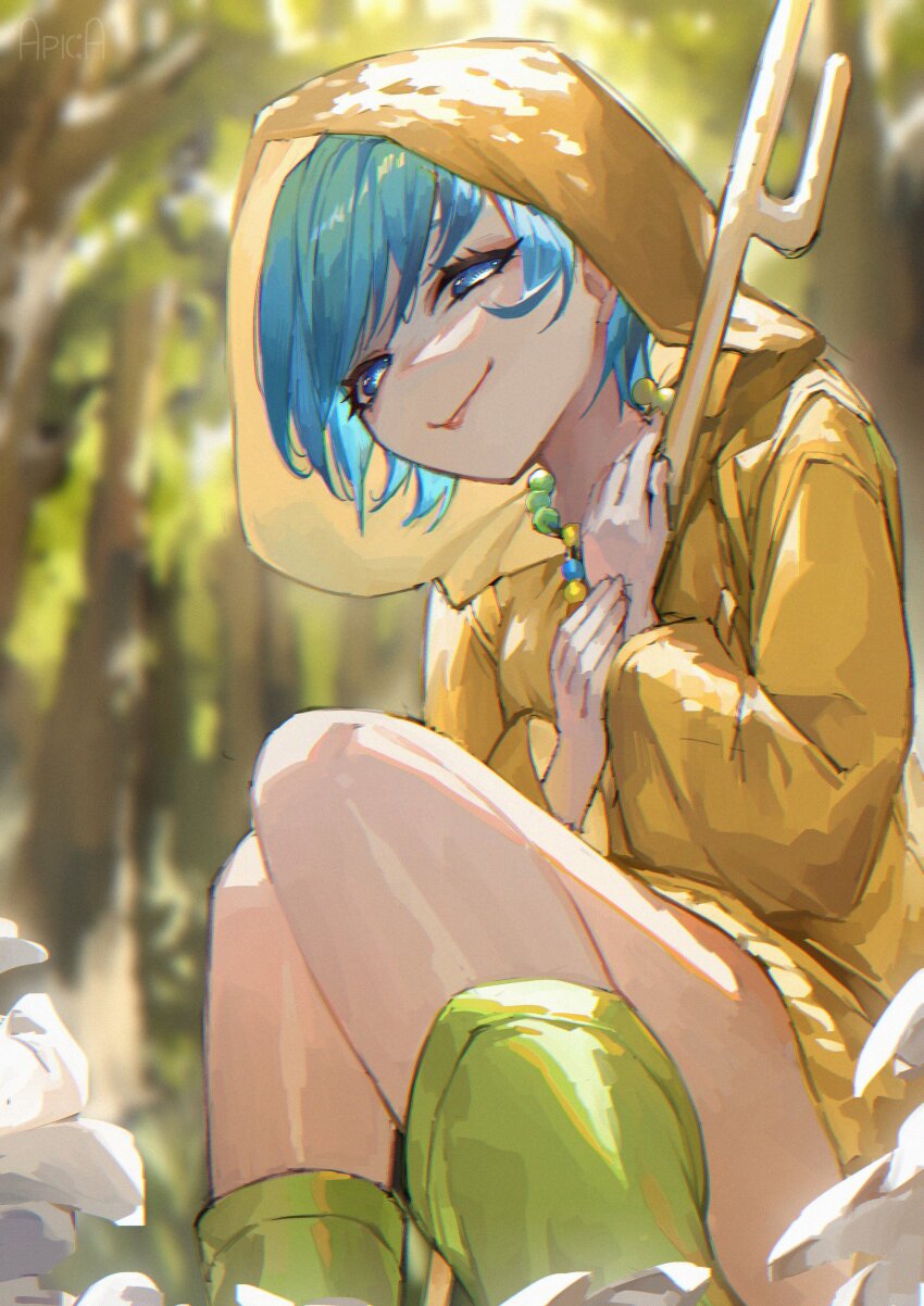 1girl, absurdres, arupaoka, blue_eyes, blue_hair, boots, cross, cross_necklace, forest, green_boots, highres, holding, holding_staff, hood, hood_up, jewelry, jubilee_2025, looking_at_viewer, luce_(jubilee_2025), nature, necklace, non-web_source, raincoat, short_hair, smile, solo, staff, yellow_raincoat