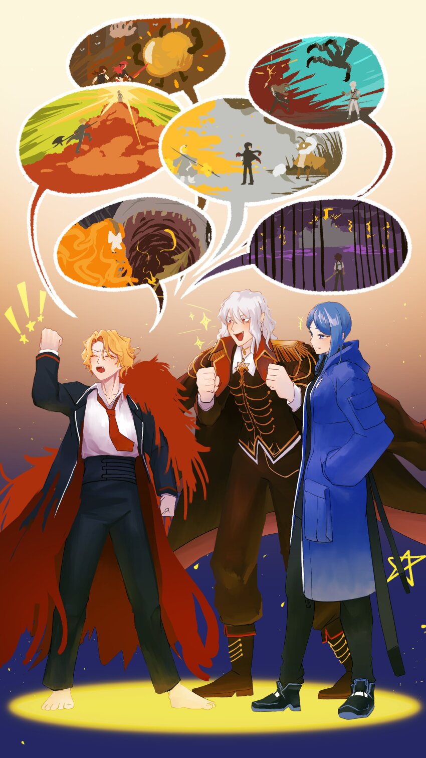 !, !!, +++, 1boy, 2girls, absurdres, arachnidlegs, arm_up, baba_yaga_(project_moon), barefoot, bari_(project_moon), baseball_bat, black_coat, black_footwear, black_pants, blonde_hair, blue_coat, blue_eyes, blue_hair, boots, closed_eyes, coat, commentary, don_quixote_(project_moon), dongbaek_(project_moon), dongrang_(project_moon), english_commentary, epaulettes, feather_boa, fleeing, full_body, golden_apple_(project_moon), golden_bough_(project_moon), gregor_(project_moon), halberd, hands_in_pockets, hands_up, heathcliff_(project_moon), highres, holding, holding_baseball_bat, holding_polearm, holding_sword, holding_weapon, ishmael_(project_moon), kromer_(project_moon), la_manchaland's_don_quixote_(project_moon), lightning, limbus_company, long_hair, multiple_girls, necktie, open_mouth, pants, polearm, project_moon, red_eyes, red_necktie, rodion_(project_moon), sancho_(project_moon), shirt, short_hair, sinclair_(project_moon), single_epaulette, smile, sonya_(project_moon), sparkle, speech_bubble, spoilers, standing, star_(sky), star_(symbol), sword, the_pallid_whale, weapon, white_hair, white_shirt, yuri_(project_moon)