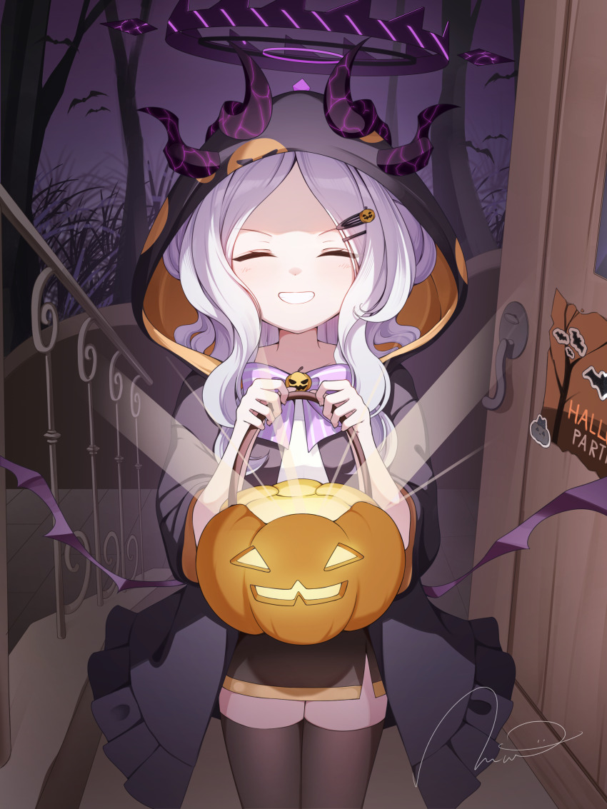 1girl, absurdres, black_cloak, black_dress, black_thighhighs, blue_archive, bow, bowtie