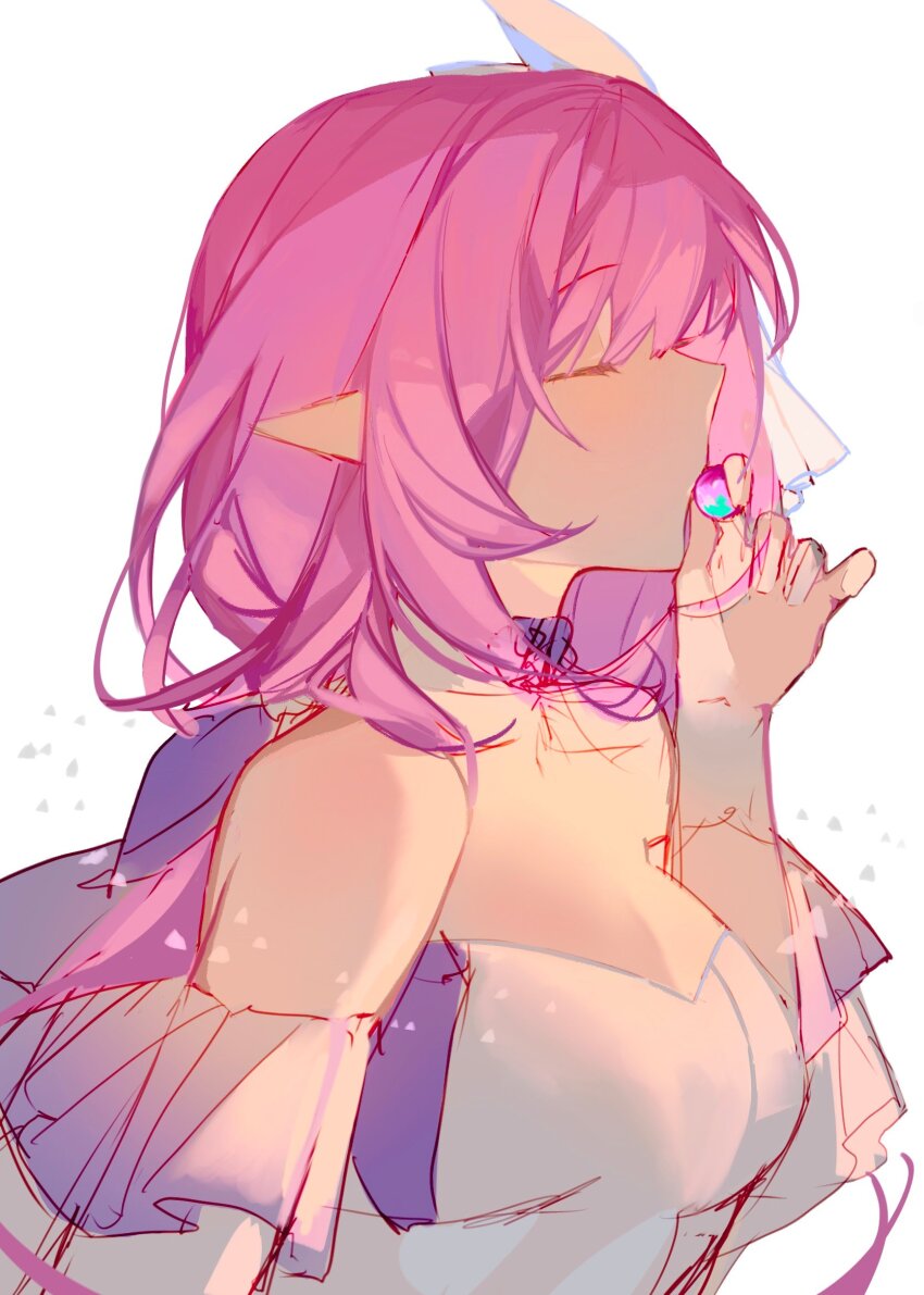 1girl, annnnq, bare_shoulders, breasts, cleavage, closed_eyes, commentary, dress