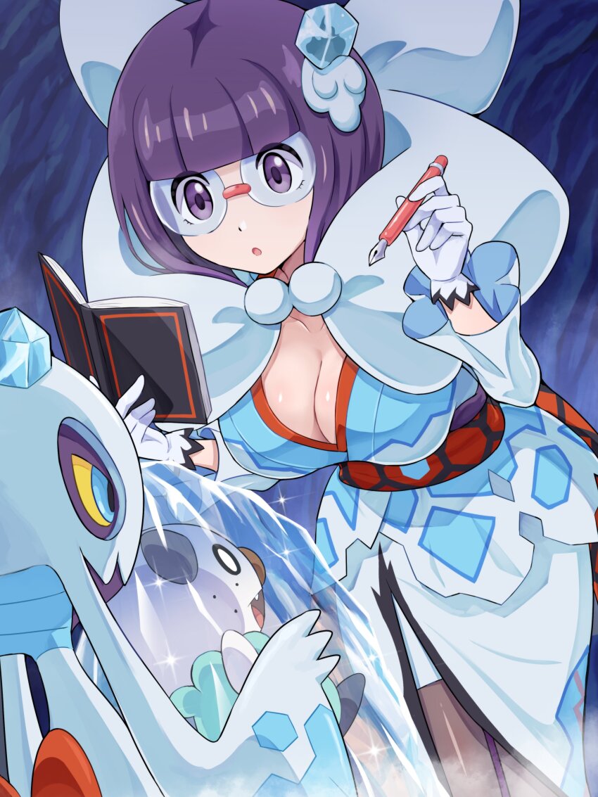 absurdres, breasts, cleavage, froslass, gen_4_pokemon, gen_5_pokemon, glasses, highres, large_breasts, nintendo, official_alternate_costume, oshawott, pokemoa, pokemon, pokemon_(creature), pokemon_masters_ex, puffy_sleeves, purple_eyes, shauntal_(fall_2024)_(pokemon), shauntal_(pokemon)