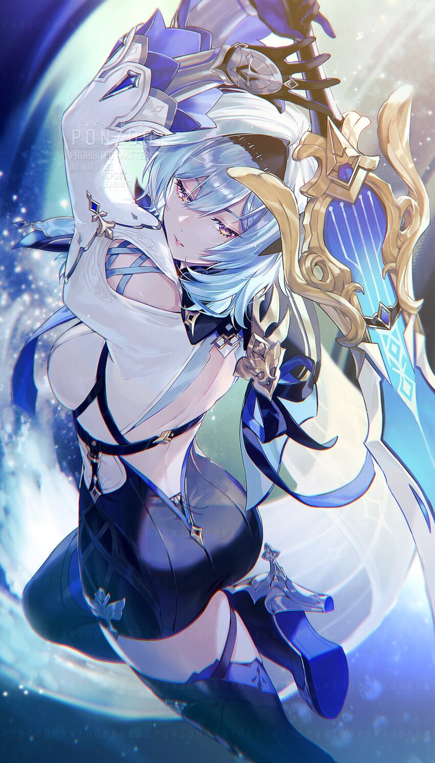 1girl, absurdres, back, backless_outfit, black_hairband, blue_hair, blue_necktie, boots