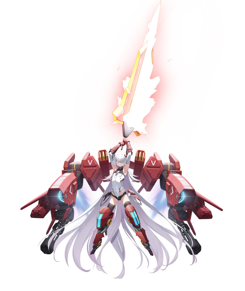 1girl, absurdly_long_hair, alternate_hair_length_(longer), armor, armpits, arms_up, commentary, counter:side