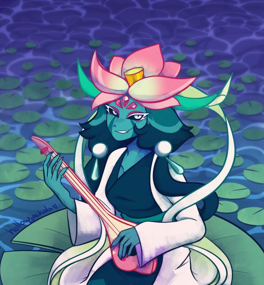 1girl, aqua_hair, aqua_skin, black_sclera, breasts, colored_sclera, colored_skin, commentary, cookie_run, cookie_run:_ovenbreak, earrings, english_commentary, eyeshadow, facial_mark, flower, flower-shaped_hair, flower_as_hat, genderswap, genderswap_(otf), highres, holding, holding_instrument, horns, instrument, jewelry, long_hair, lotus, lotus_dragon_cookie, makeup, sable_(sableskies), smile, solo, water, white_eyes