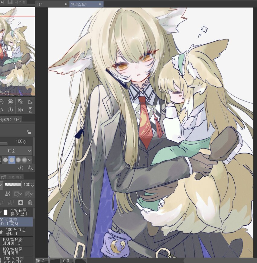 2girls, animal_ear_fluff, animal_ears, arknights, art_program_in_frame, art_program_request, black_coat, black_suit