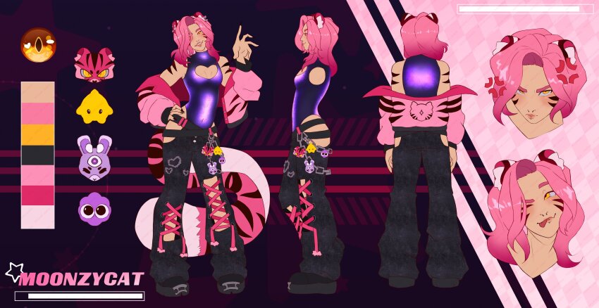 1girl, absurdres, animal_ears, black_pants, character_name, reference_sheet, charm_(object), cleavage_cutout