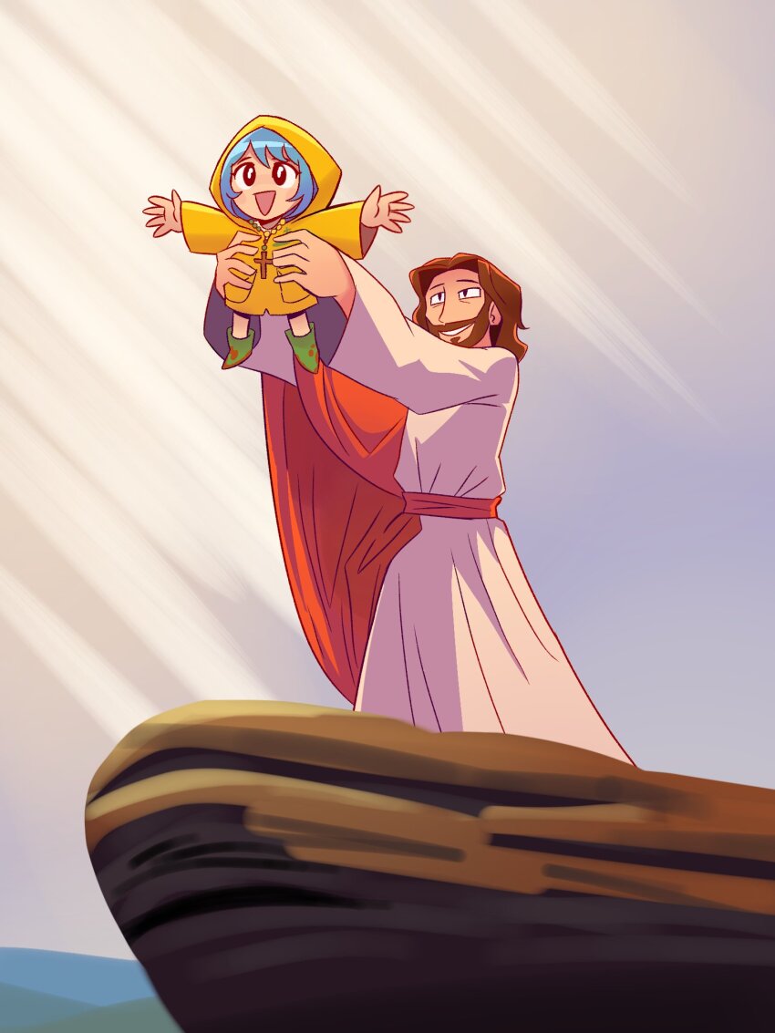 1boy, 1girl, blue_hair, boots, brown_hair, cross, cross_necklace, dirty_footwear, facial_hair, highres, holding, hood, hood_up, jesus, jewelry, jubilee_2025, luce_(jubilee_2025), mannys_art, mountaintop, necklace, open_mouth, outstretched_arms, raincoat, robe, rosary, rubber_boots, standing, the_lion_king, yellow_raincoat